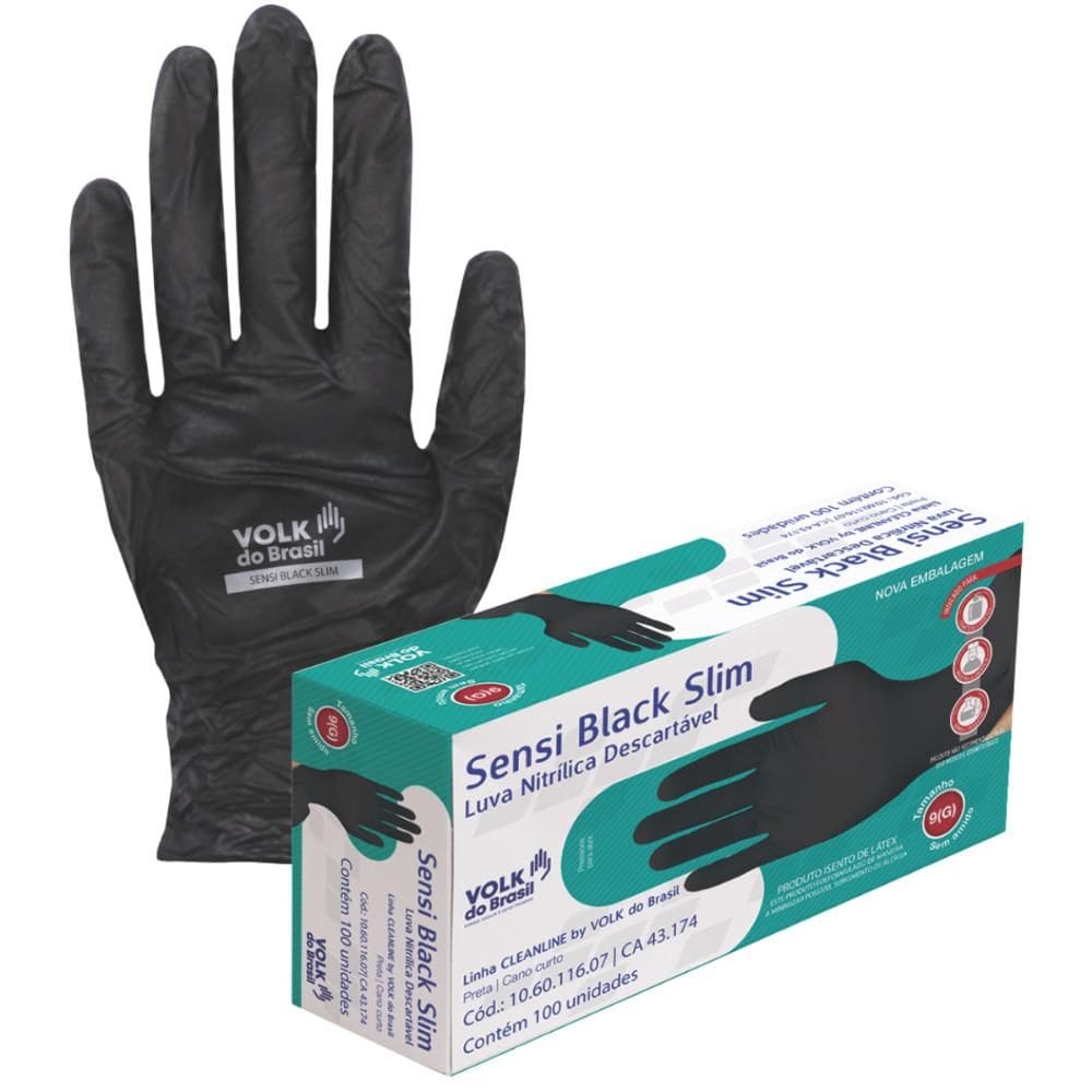 Luva de Segurança Descartável Nitrílica Sensi Black Slim Volk - CX 100 Un