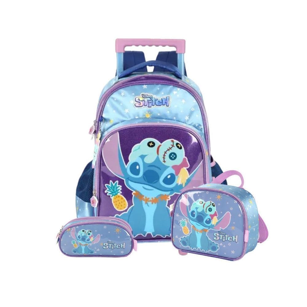Kit Mochila Stitch Rodas Lancheira E Estojo Triplo Violeta