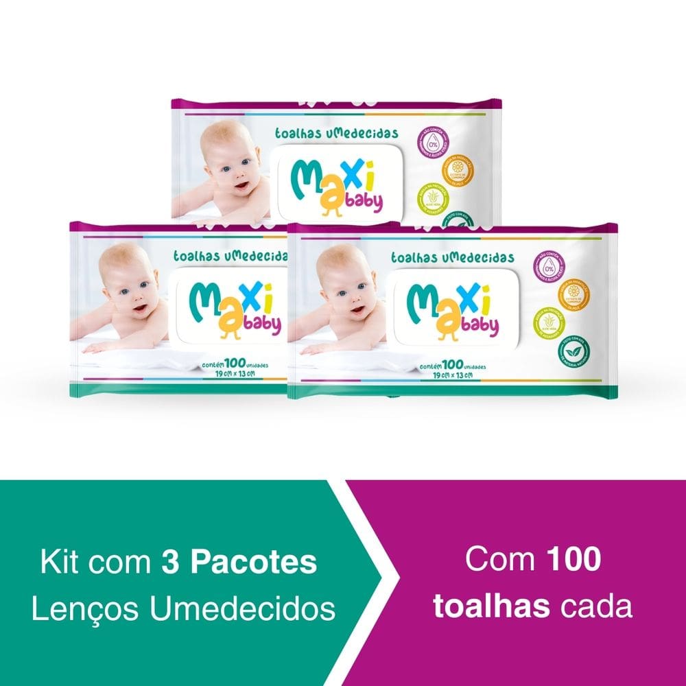 Kit 3 Toalhas Umedecidas Hipoalergênico 100un Cada Maxi Baby