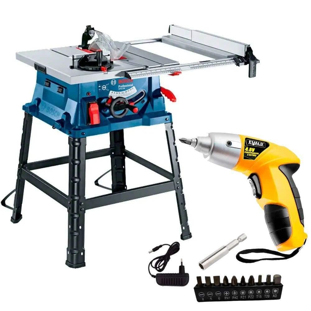 Serra Circular de Mesa 10POL 1800W BOSCH com Parafusadeira a Bateria 4,8V e Kit 12 Peças EVALD