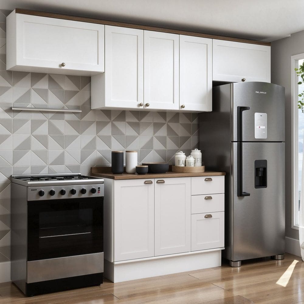 Cozinha Modulada 4 Peças 100% Mdf Internacional com Tampo e Rodapé Iluminata Branco/Ébano