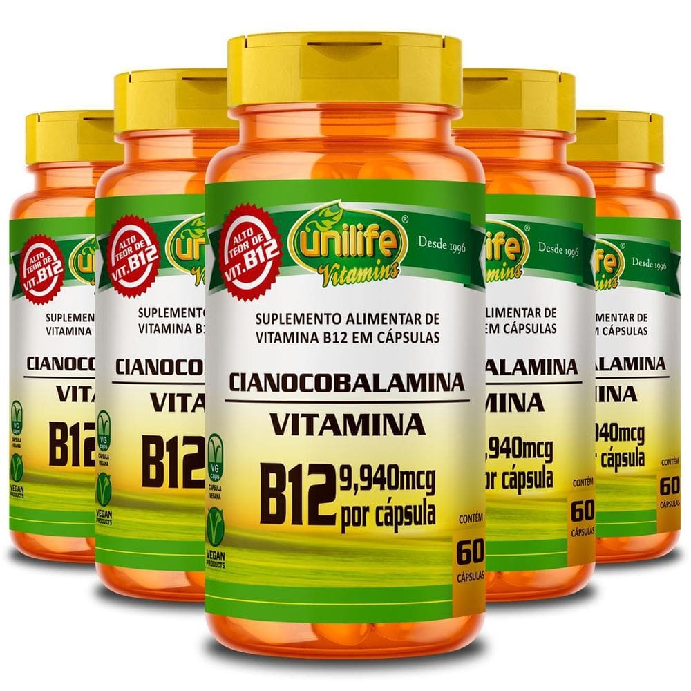 Kit 5 Vitamina B12 Cianocobalamina Unilife 60 Cápsulas
