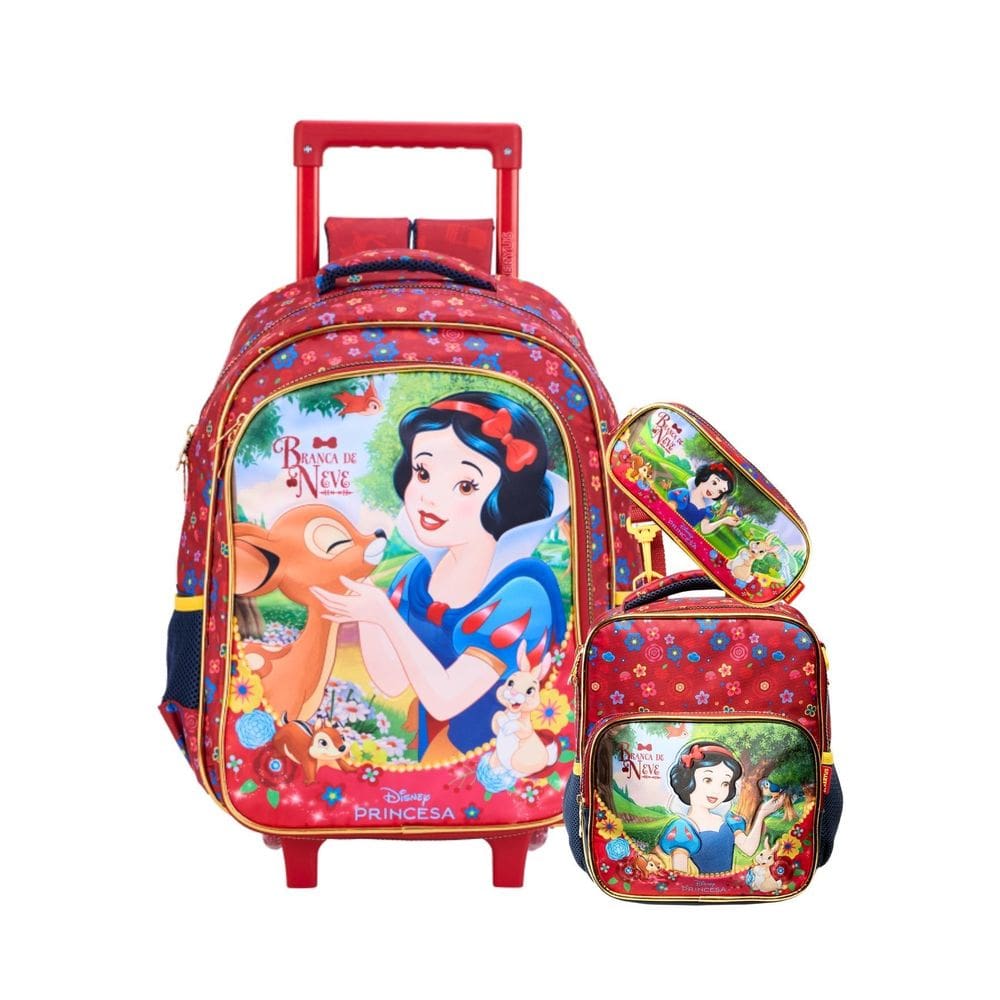 Kit Branca De Neve Mochila Rodas Alças + Lancheira + Estojo