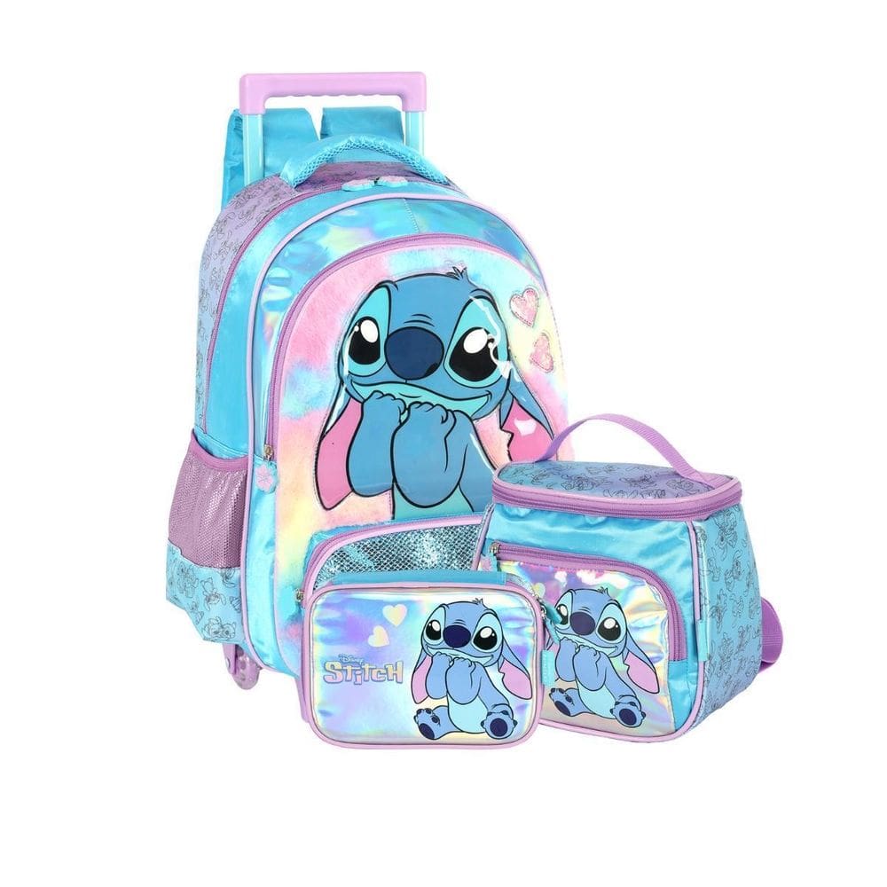 Kit Mochila Stitch Rodas Lancheira E Estojo Box Escolar Azul