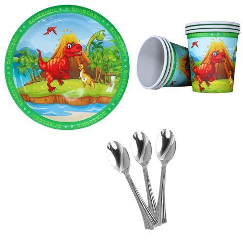 Kit 10 Convidados Pratos Copos Papel Colher 14Cm Dinossauro