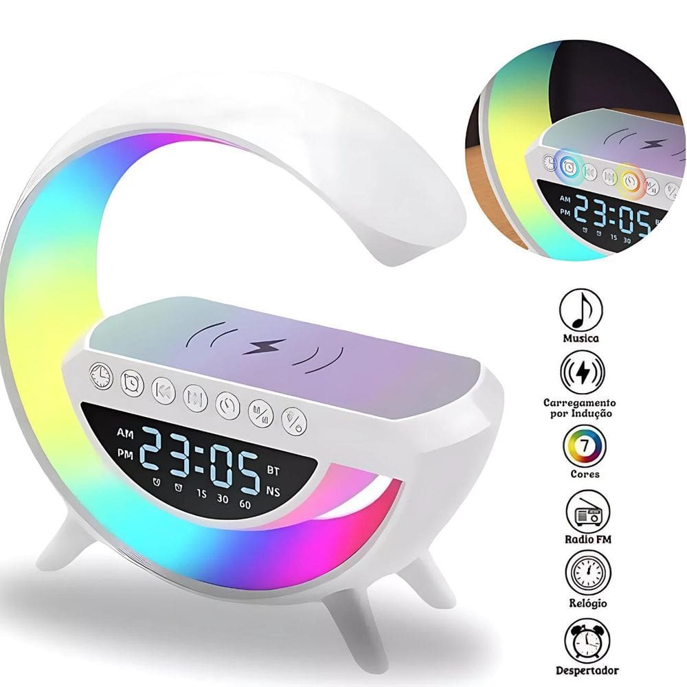 Luminária Led Estilosa Com Speaker Bluetooth E Carga Turbo