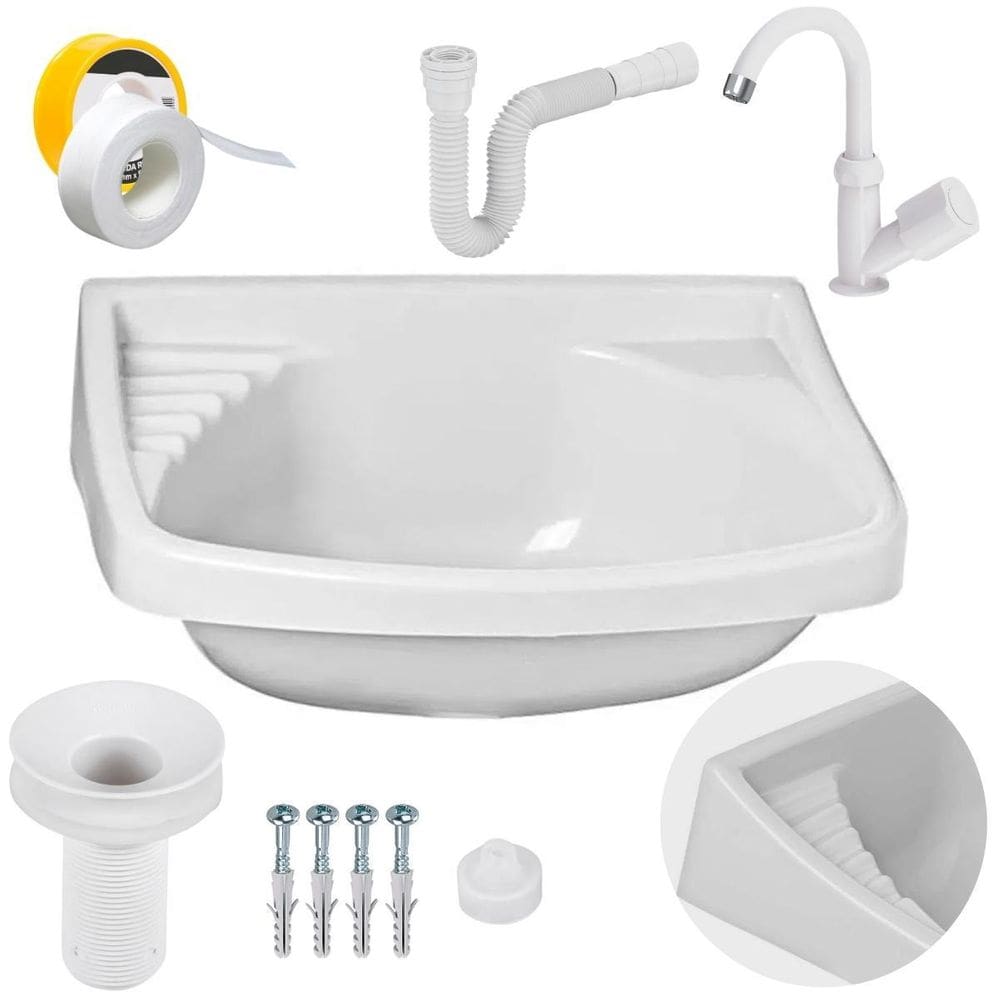 Pia Banheiro 4,8L + Torneira Branca + Sifão + Veda Rosca