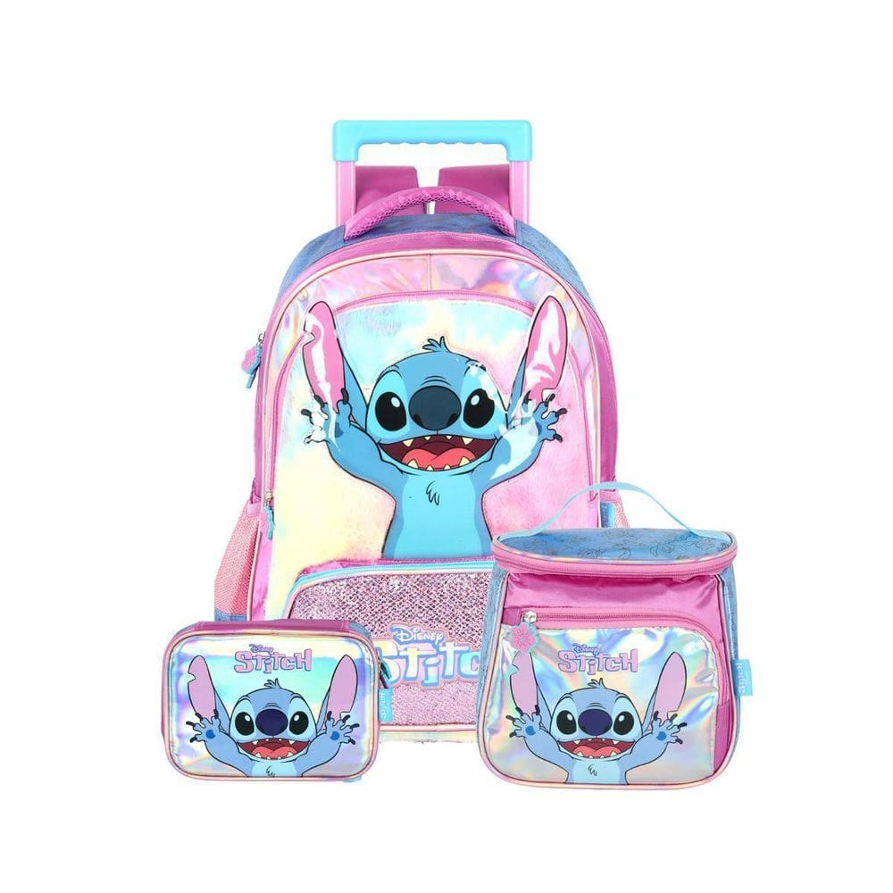 Kit Mochila Stitch Rodas Lancheira E Estojo Box Kids Roxo