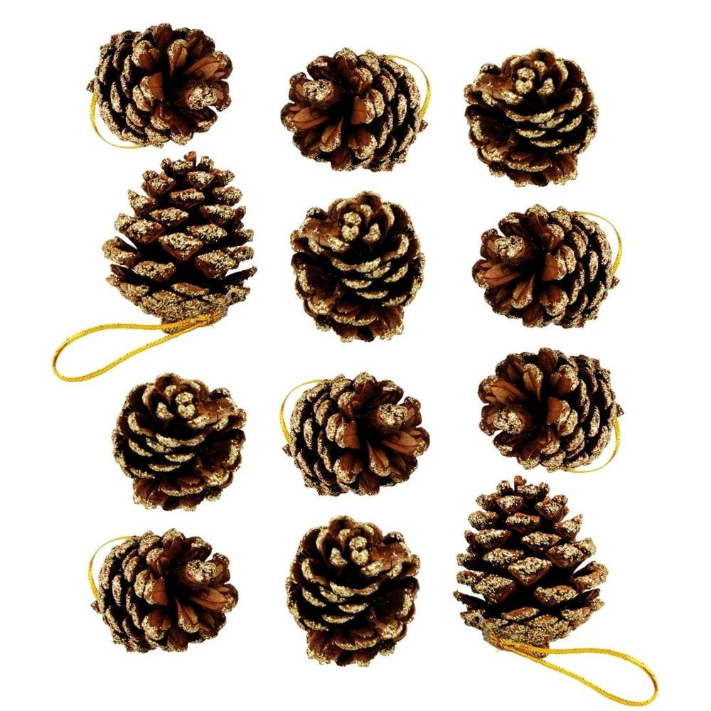 Jogo 12 Pinhas Natural de Natal Glitter Dourado 4cm - Magizi