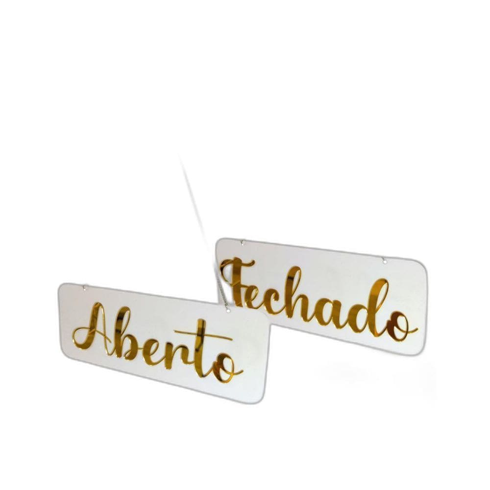 Placa De Sinalização Aberto Fechado Branco E Dourado