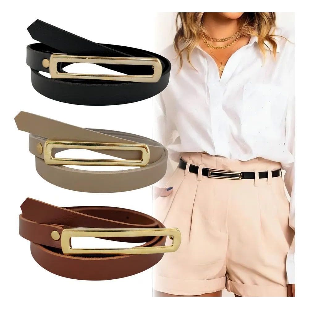 2X Kit 3 Cintos Feminino Fino Fivela Dourada Comprido Cor Pr