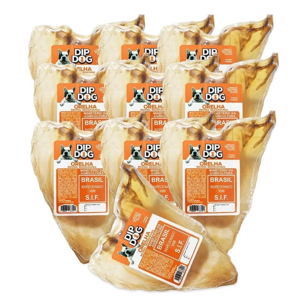 2X Kit 10 Mordedores Orelha Bovina Natural Pra Cachorro Dip