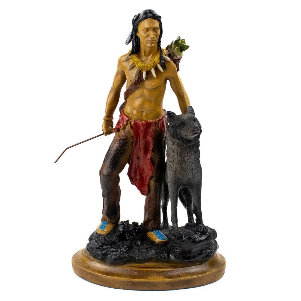 Escultura Índio Xamã Caçador Com Lobo 30 cm em Resina