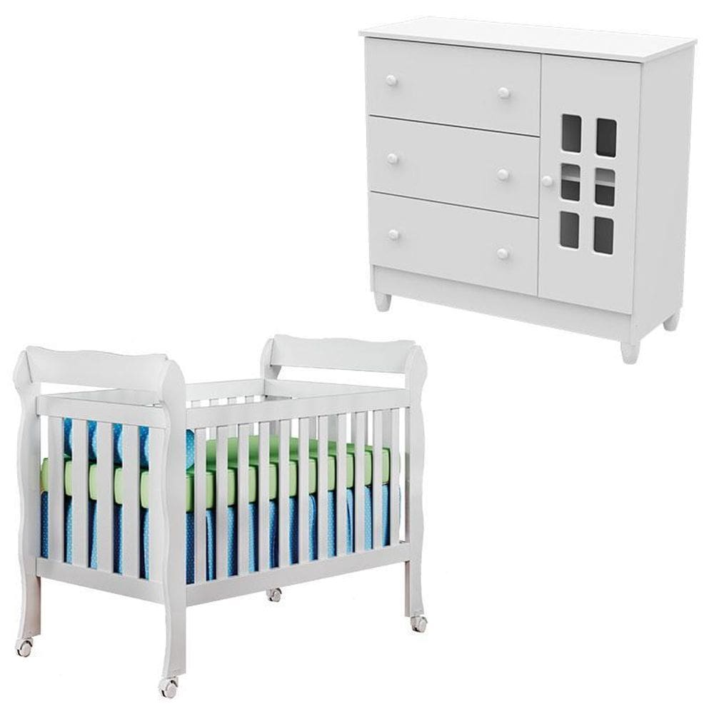 Berço Lila e Cômoda Infantil Mariah Branco Brilho - Carolina