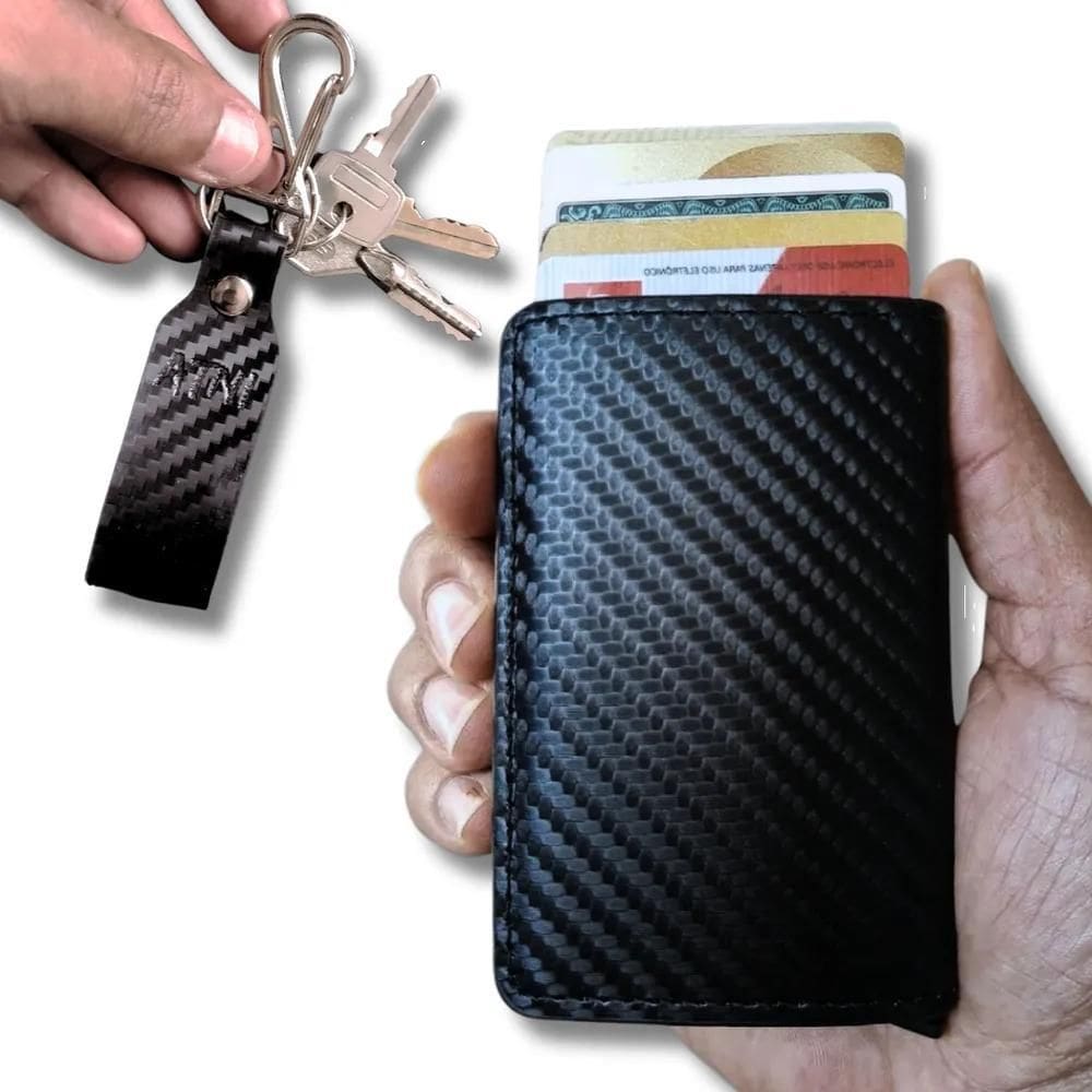 2X Carteira Inteligente Porta Cartão Pop Up Fibra Carbono Rf