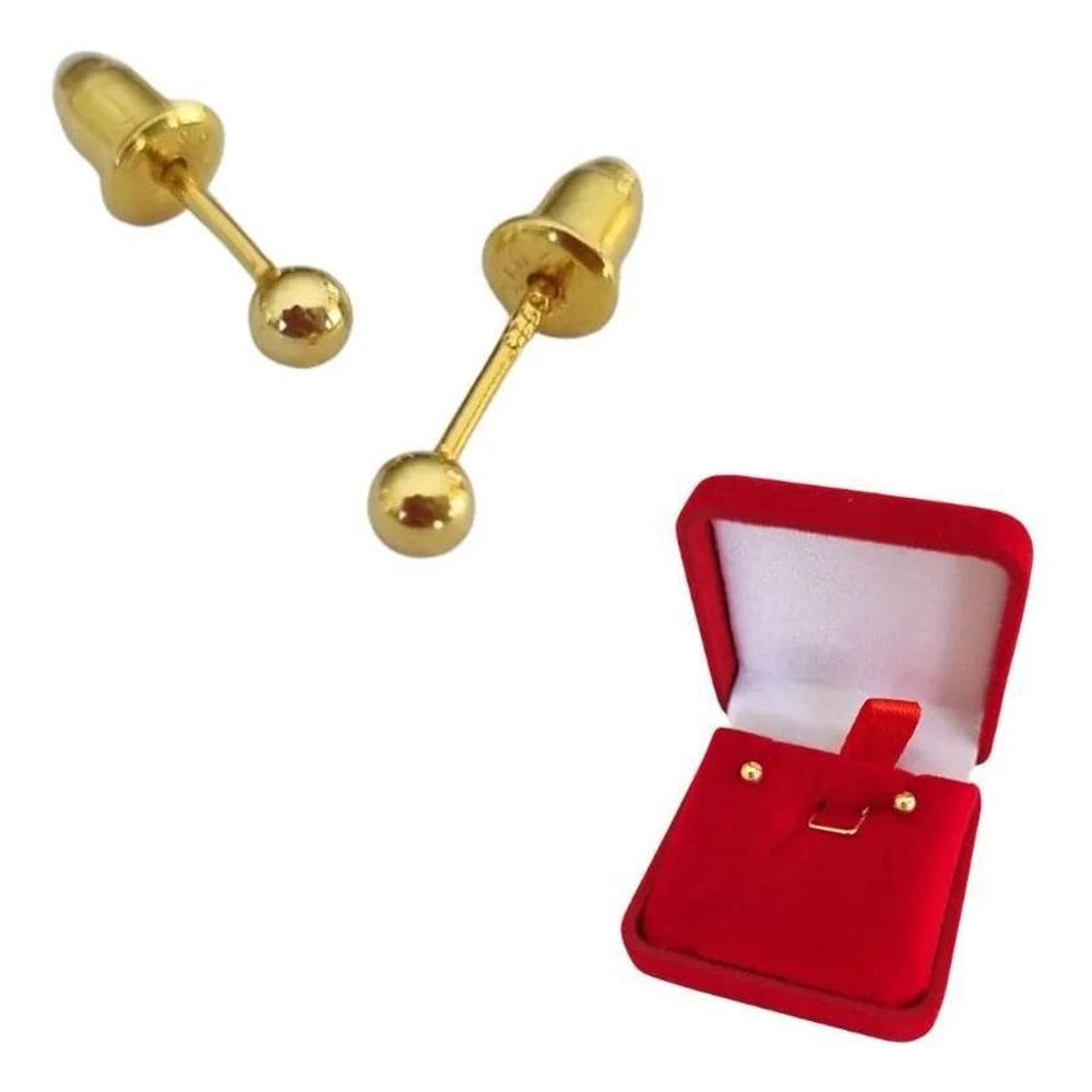 2X Brinco Bebê Bolinha 3Mm Banho Ouro 18K Infantil Ou 2O Fur