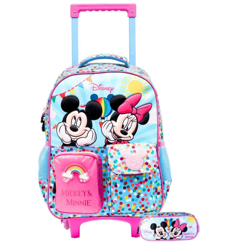 Kit Minnie Mickey Mochila 2Em1 Rodas + Estojo Disney