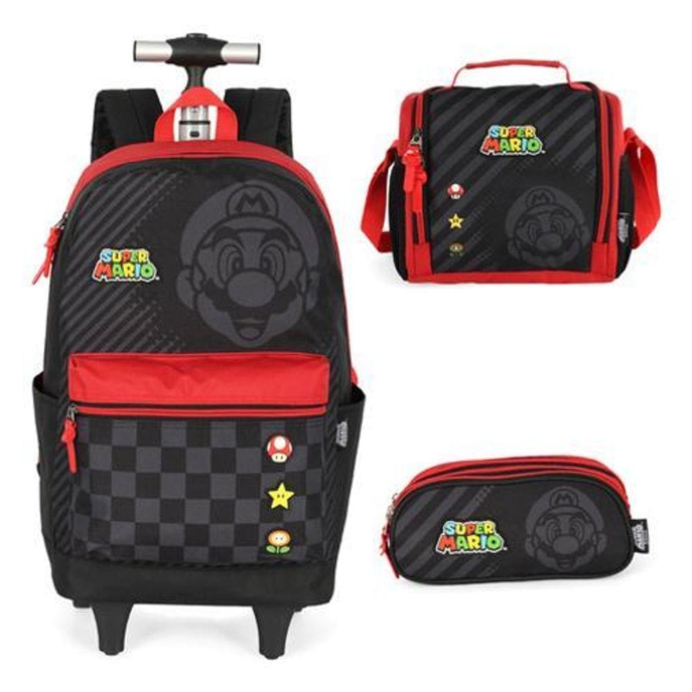 Kit Mochila Rodinhas Estojo Lancheira Super Mario