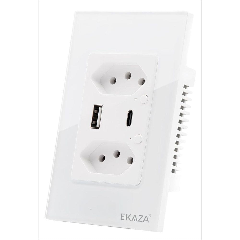 Tomada Dupla Inteligente 16A Usb A C Branco Vidro Temperado