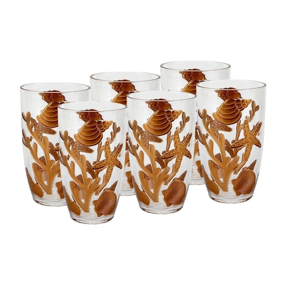 Cj 6 Copos Altos de Acrílico C/Detalhes Fundo do Mar Dourado 680ml Entrecasa