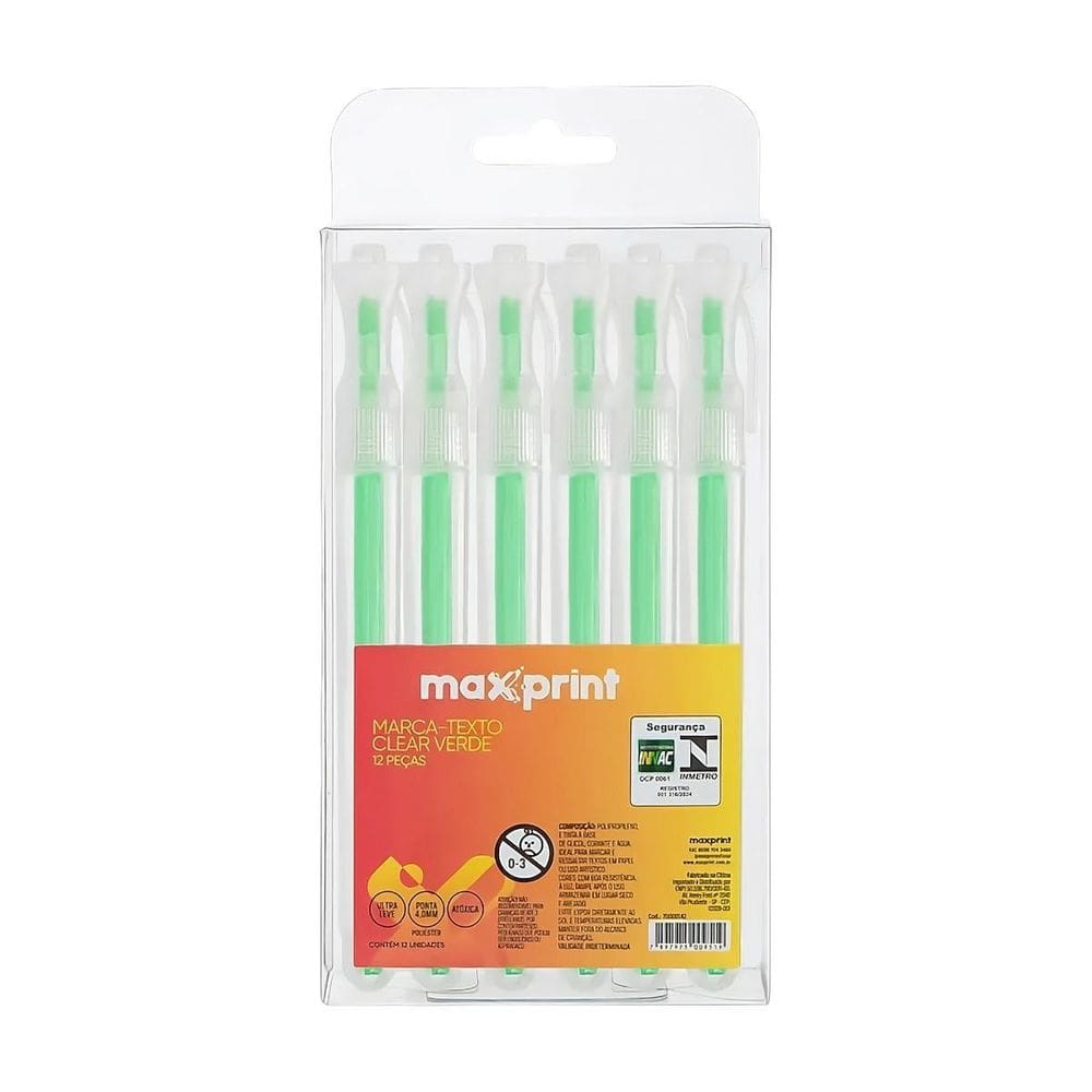 Kit 12 Canetas Marca Texto Maxprint Clear Verde Fluorescente