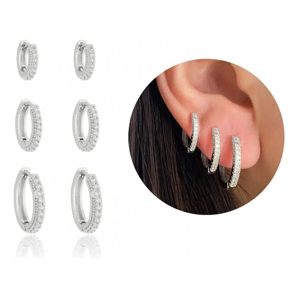 2X Trio De Brincos Argolas Finas Cravejadas Banho Prata 925