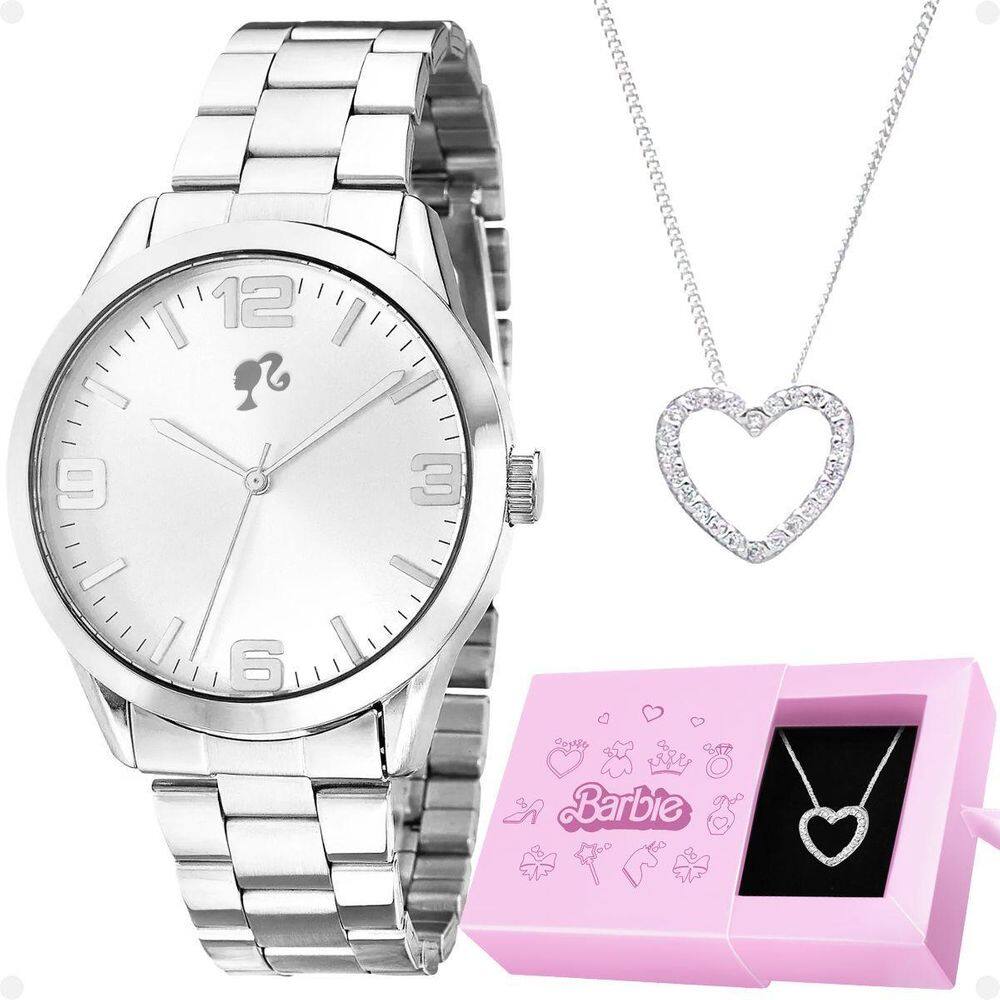 Relógio Feminino Analógico Aço Inox + Colar Coração Barbie