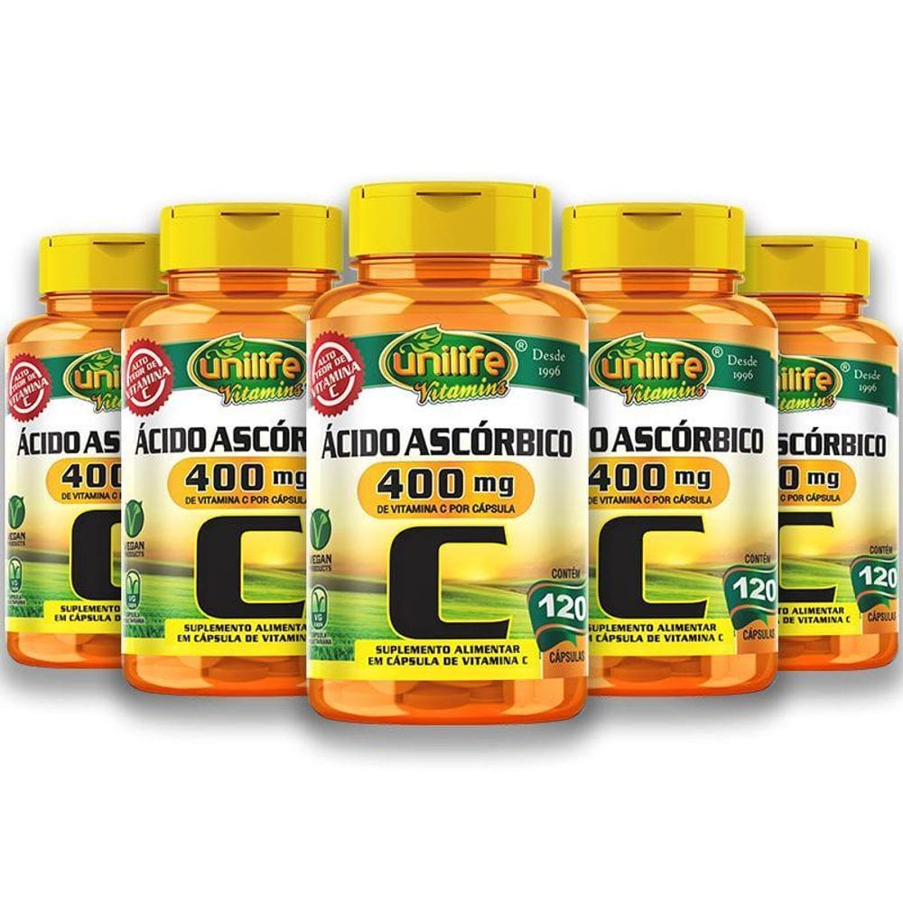 Kit 5 Vitamina C Ácido Ascórbico Unilife 120 Caps Veganas