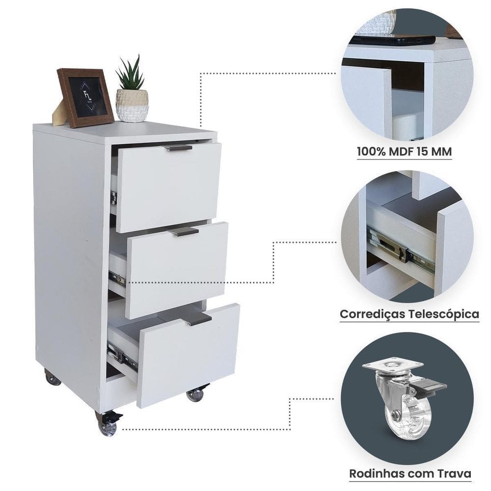 Mesa De Cabeceira 30Cm 3 Gaveta Quarto Pux. Cinza Rodinha