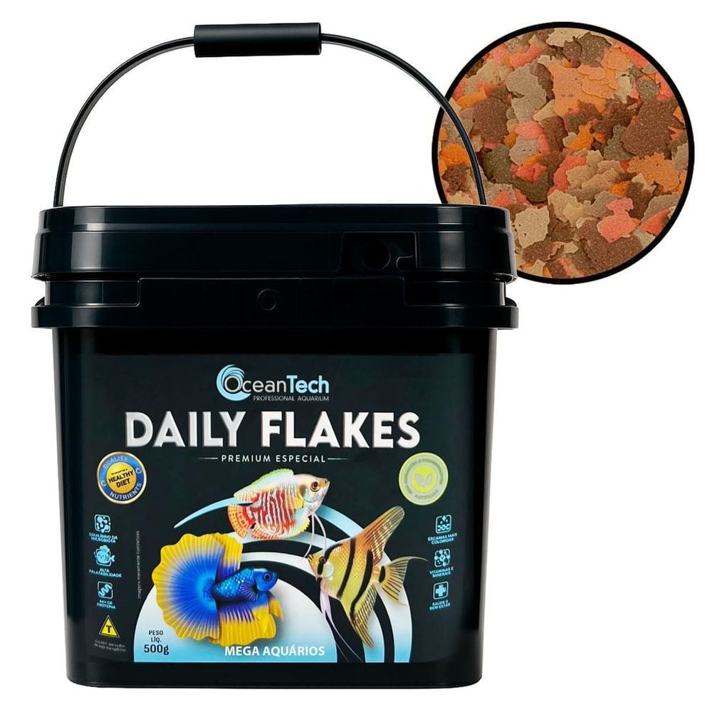 Ração Peixes Água Doce Salgada Ocean Tech Daily Flakes 1Kg