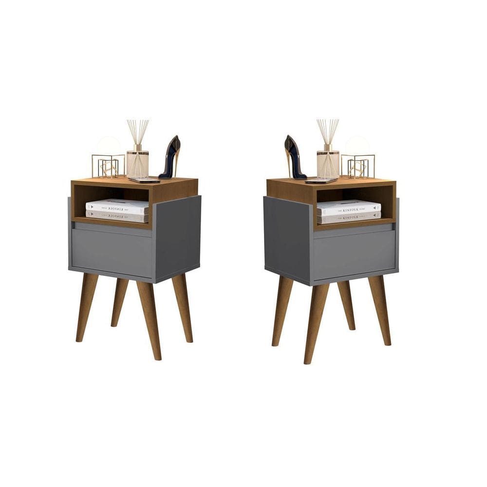 Kit 2 Mesas Cabeceira Luxo 1 Gaveta Pés Palito Yasmim Plus