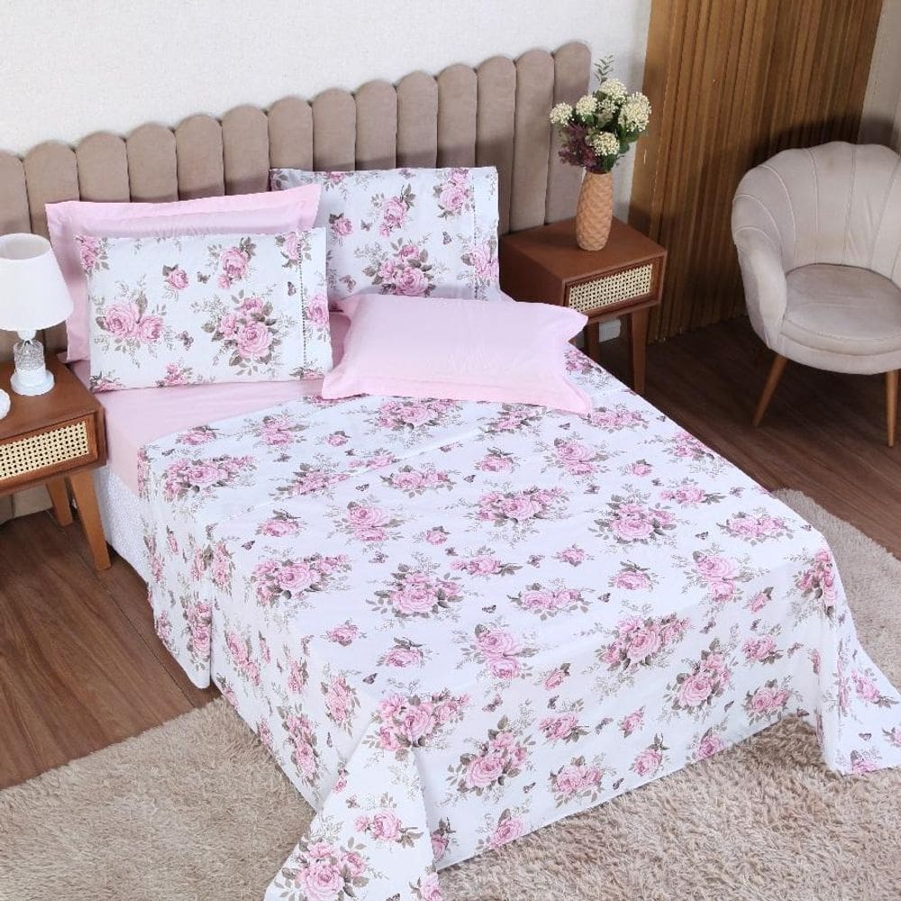 Jogo Cama Casal 3P Lençol Sem Elástico + Fronha 100% Algodão