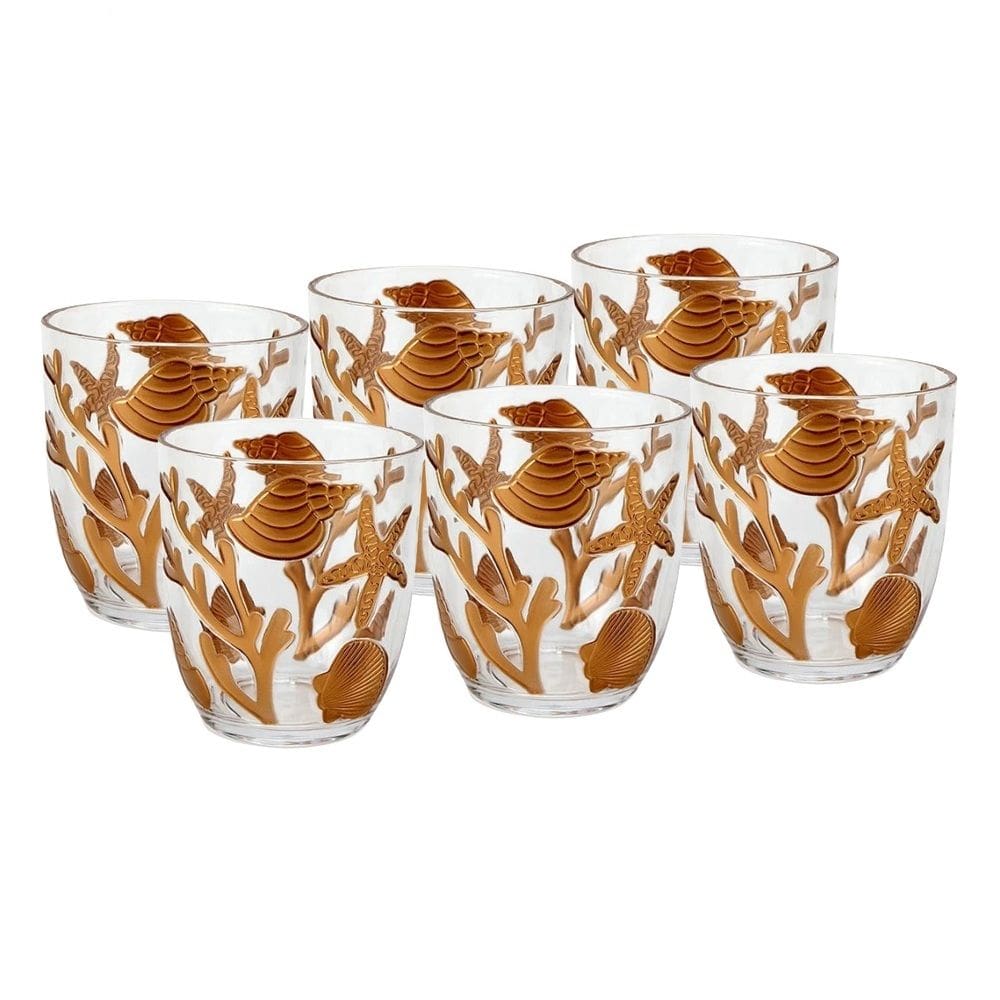 Cj 6 Copos Baixos de Acrílico C/Detalhes Fundo do Mar Dourado 562ml Entrecasa