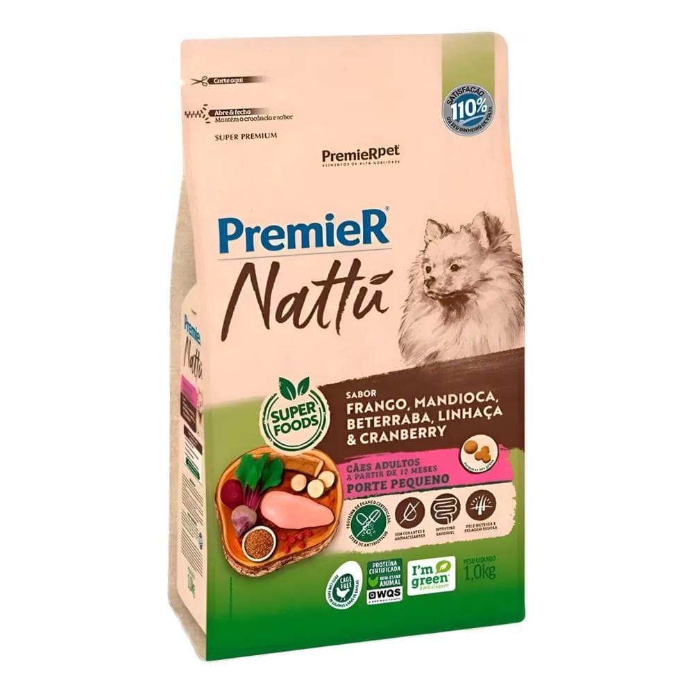 Ração Premier Nattu Cães Adultos Raças Pequena Mandioca 1Kg