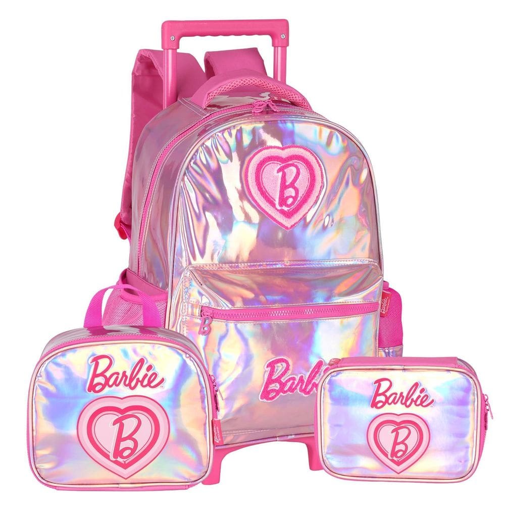 Kit Mochila Rodas Barbie Holográfica Lancheira Estojo Rosa