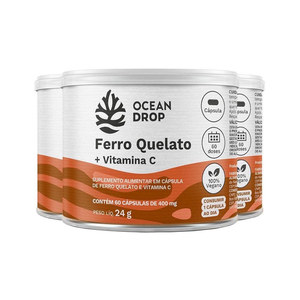 Kit 3 Ferro Quelato + Vitamina C Ocean Drop 60 Cápsulas