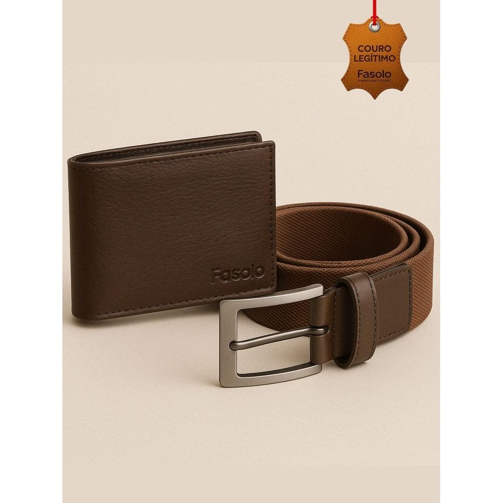 Kit Masculino Fasolo Carteira Fina E Cinto Couro Cafe 105