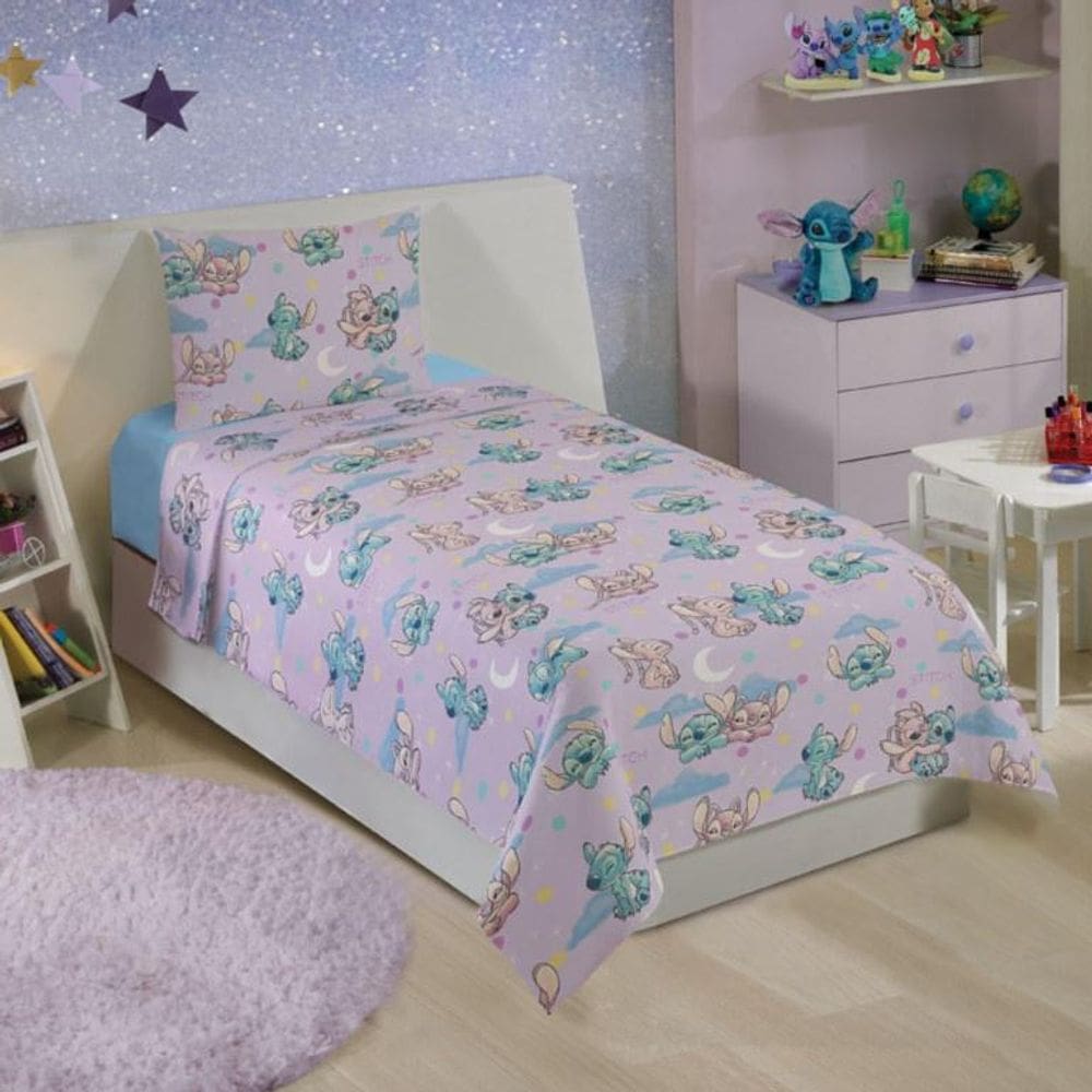 Jogo Cama 100% Microfibra 3 Peças Angel Stitch Disney Rosa