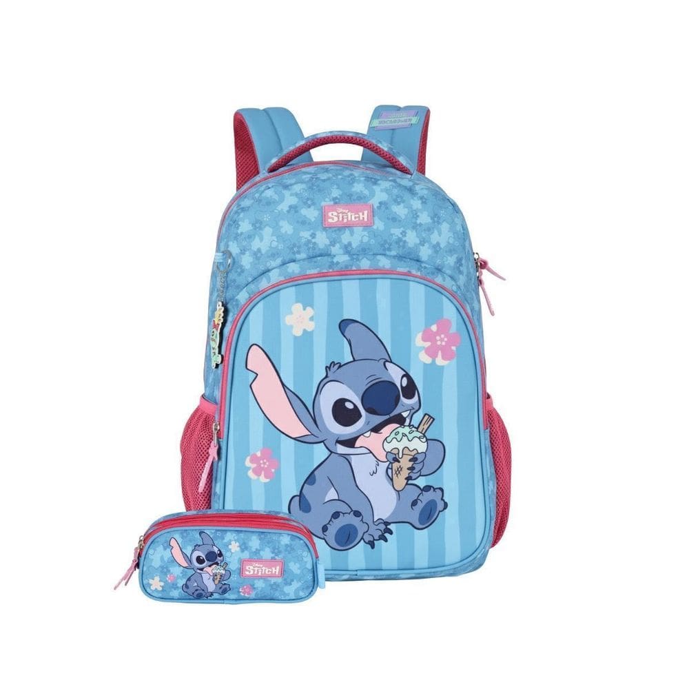 Kit Mochila Stitch Costas E Estojo Triplo Meninas Escolar