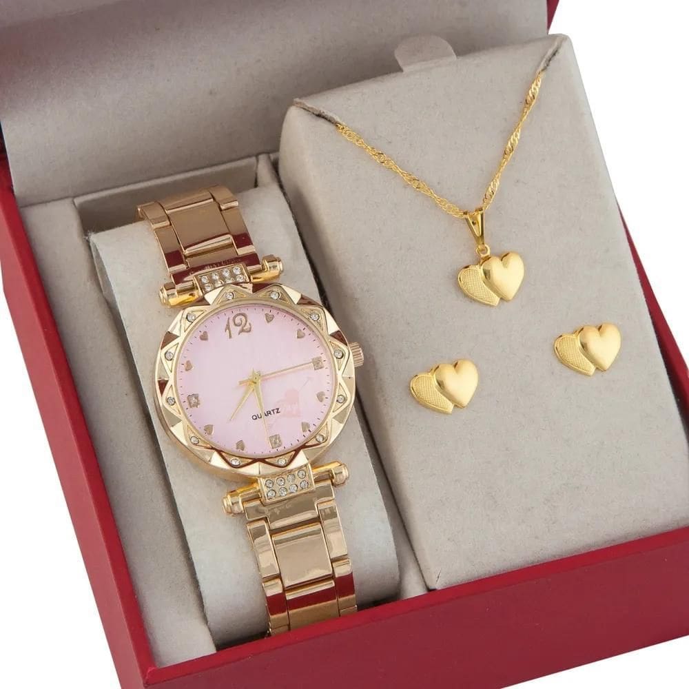 2X Relógio Feminino + Kit Colar E Brincos Folheados