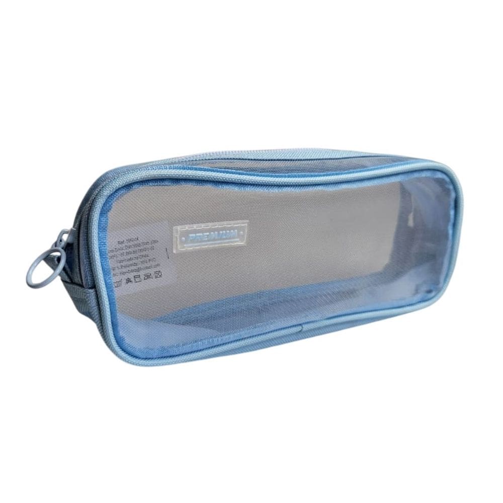 Estojo Material Escolar Tela Transparente Azul Claro Premium Canetas Gel Lápis Borracha Tesoura Fofo