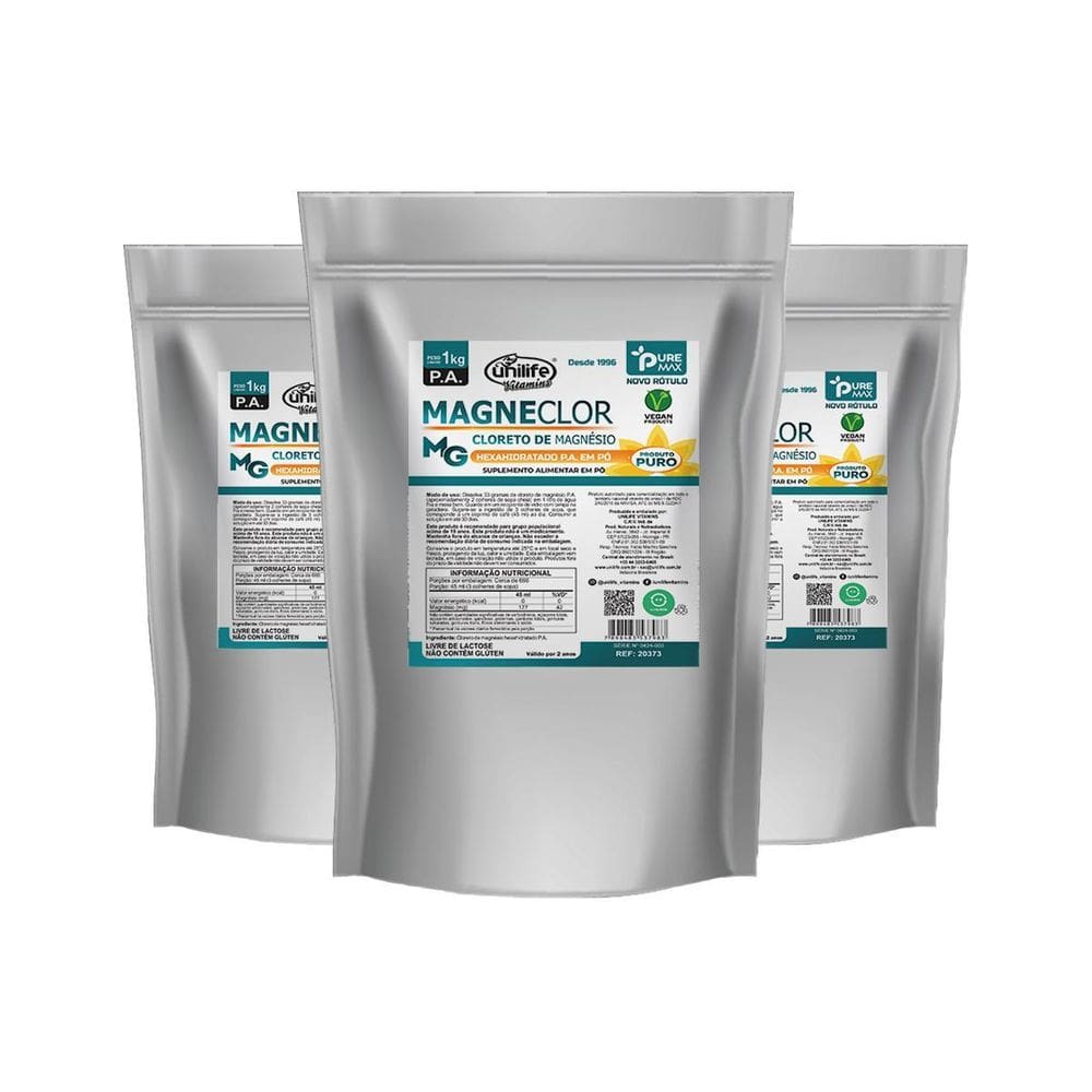 Kit 3 Magneclor Cloreto De Magnésio P.A Unilife 1Kg