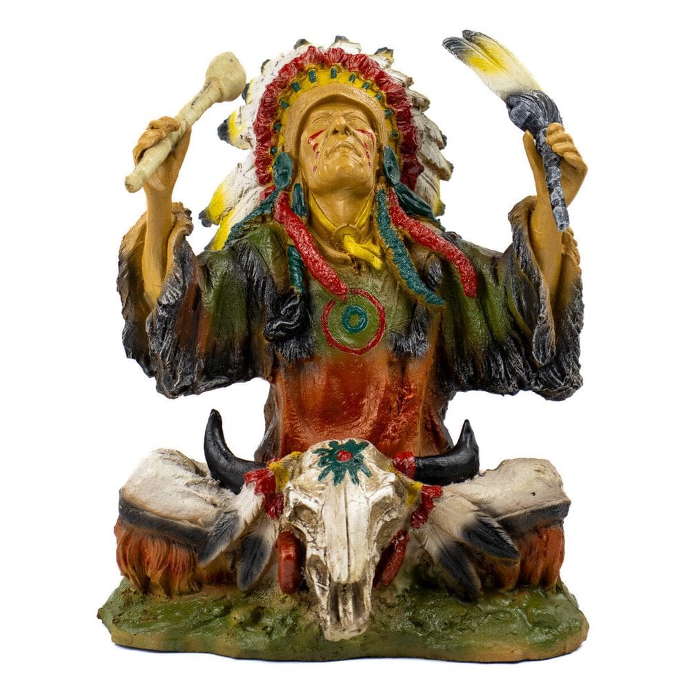 Escultura Índio Pagé Xamã Reverenciando 24 cm em Resina