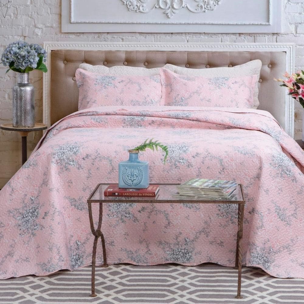 Kit Cobre Leito Colcha Mix King Estampado Dupla Face Floral