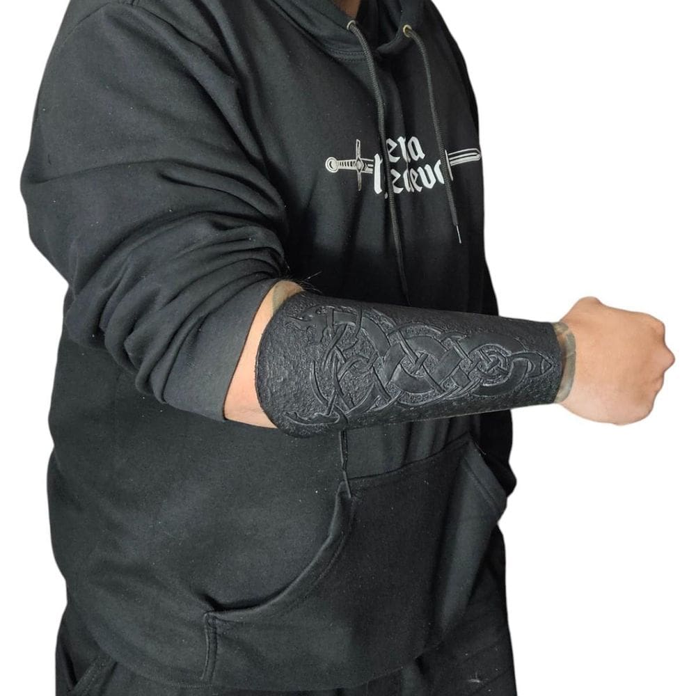 Bracelete Couro Dragão Entalhado Estilo Viking Cosplay Preto