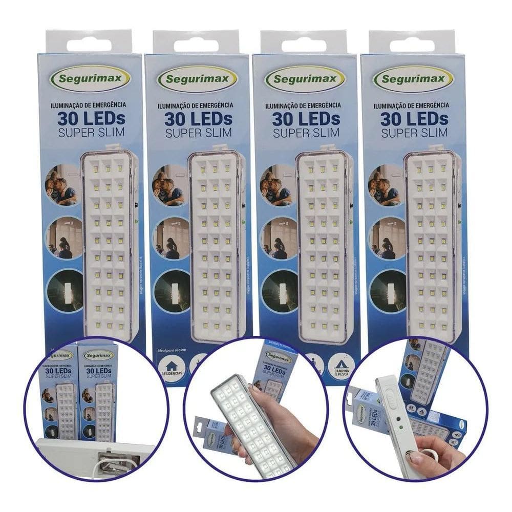2X 4 Luminária Luz De Emergência 30 Leds Segurimax Super Sli