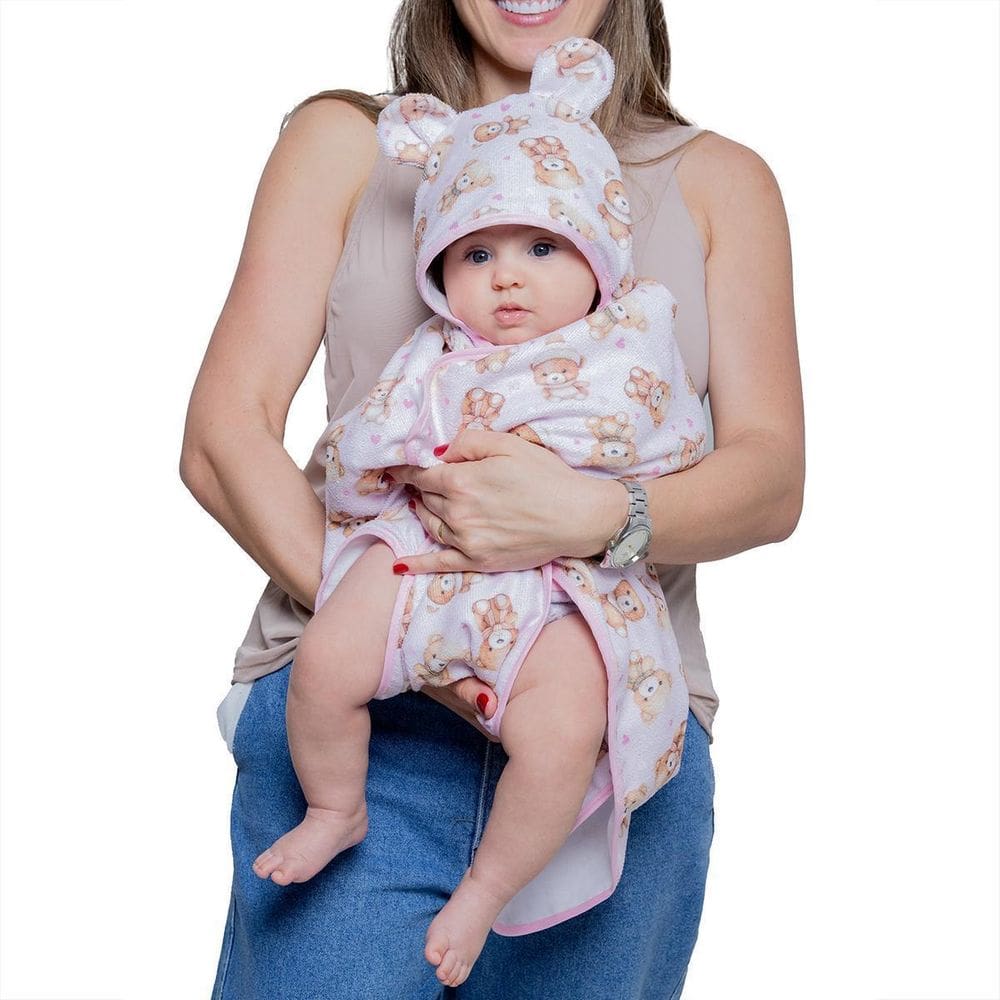 Toalha Fralda De Banho Com Capuz Bebê 80Cm X 70Cm Urso Rosa
