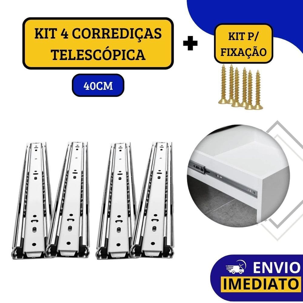 Kit 4 Corrediças Gaveta Telescópica Light 40Cm Com Parafusos