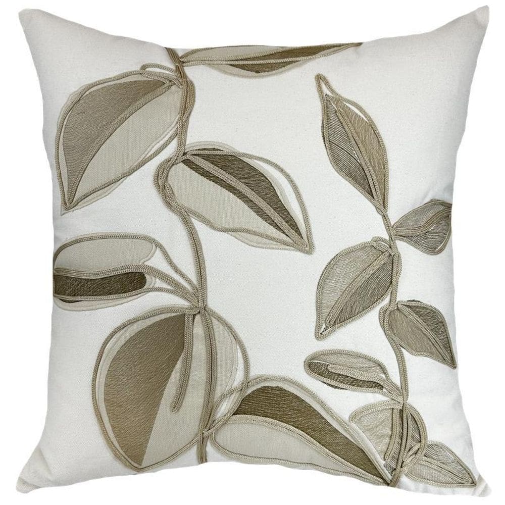 Almofada Sarja Cru 52X52 Bord Soutache Folhas Cru