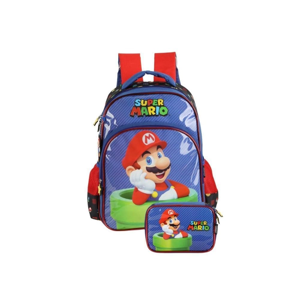 Kit Mochila Costas Super Mario Bros Estojo Box 100 Pens Azul